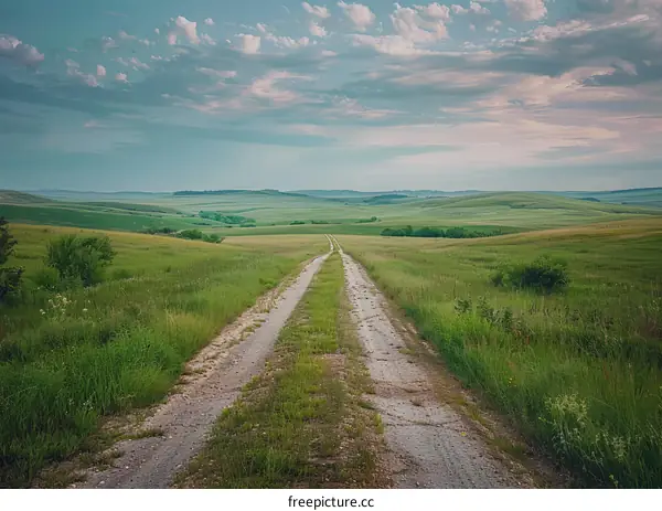 Country road meandering through a lush green field under a blue sky with white clouds