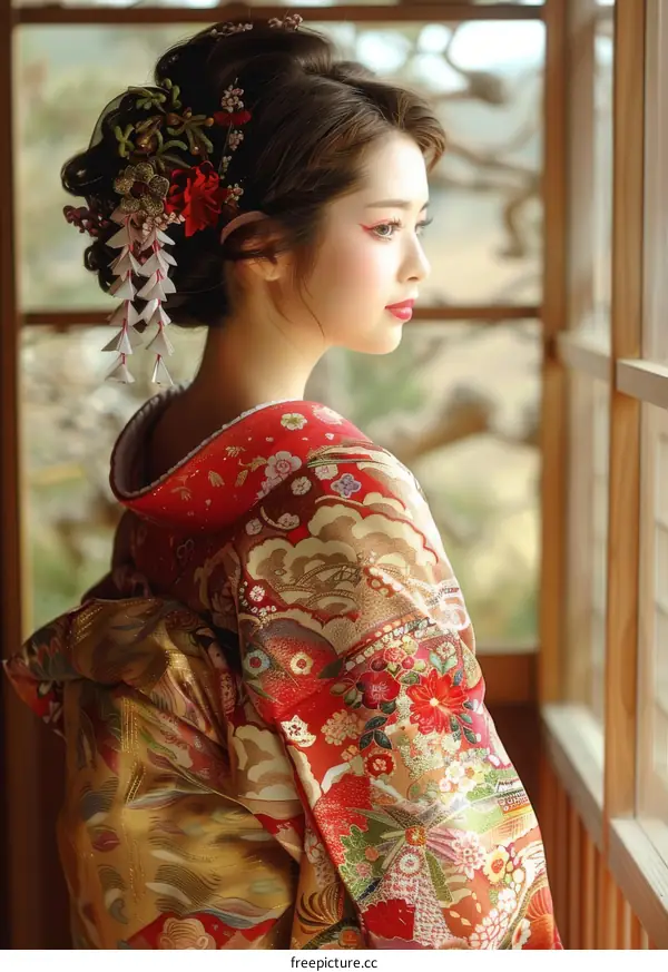 Portrait of a beautiful Japanese woman in traditional kimono