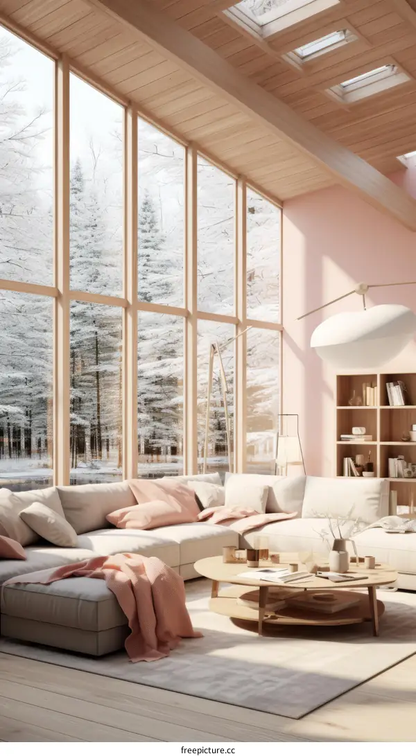 A cozy living room with a large window looking out onto a snowy forest