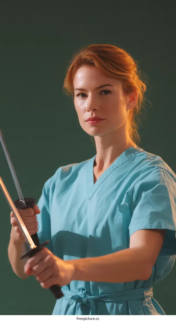 Woman in teal medical uniform holding swords