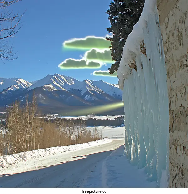Snowy Mountain Road With Icicles