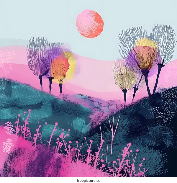 Abstract Landscape Painting with Trees and a Pink Sun