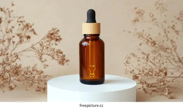 Amber Glass Dropper Bottle Displayed on White Pedestal