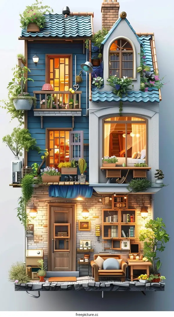 European-style three-story house with blue roof and many plants