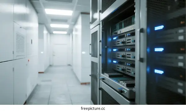Modern Data Center Corridor with Server Racks and Illuminated Units