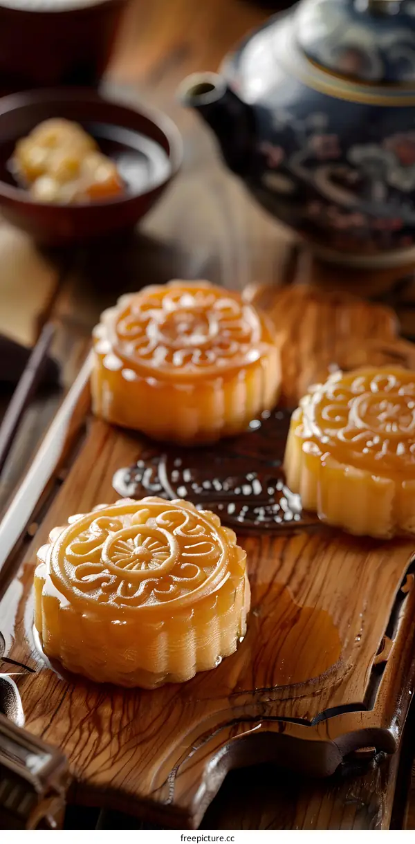 Closeup of Chinese Mooncakes on Wooden Board