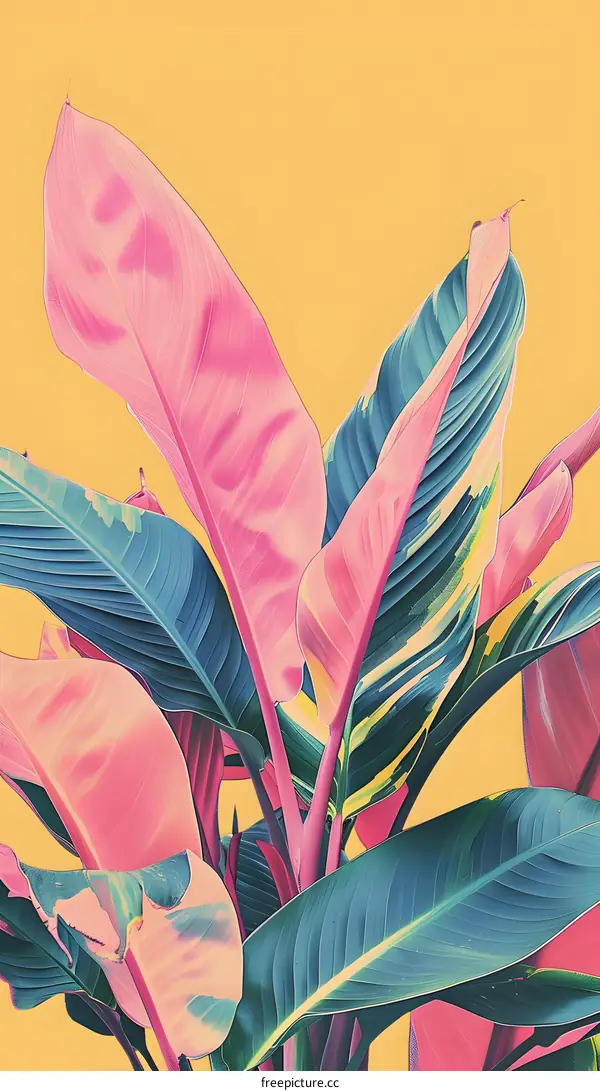 Tropical Leaves With Vibrant Colors On A Yellow Background