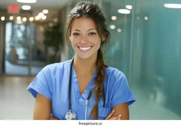 Smiling Female Caucasian Nurse in Hospital Corridor