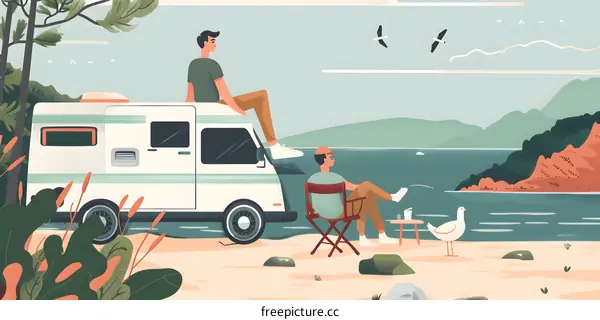 Two Men Relaxing by the Sea with a Camper Van
