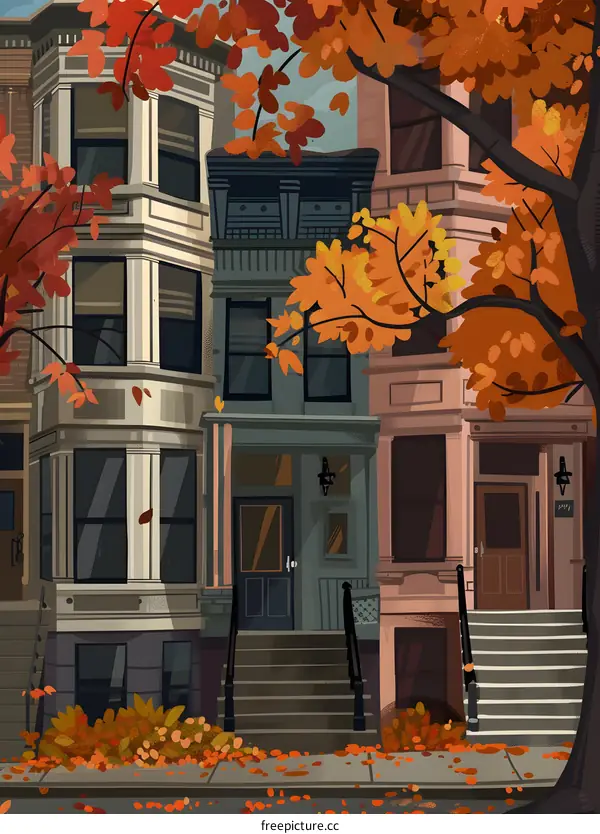 Autumn Leaves on the Sidewalk in Front of Row Houses