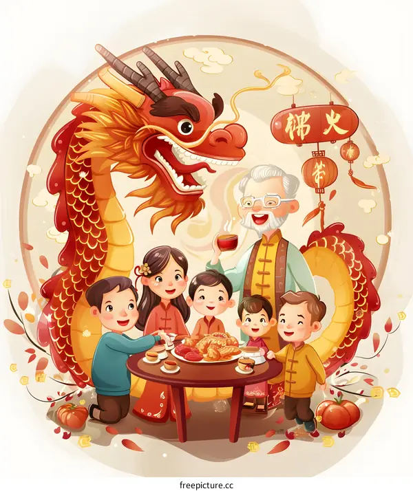 Chinese New Year Dragon Illustration with Family Celebrating