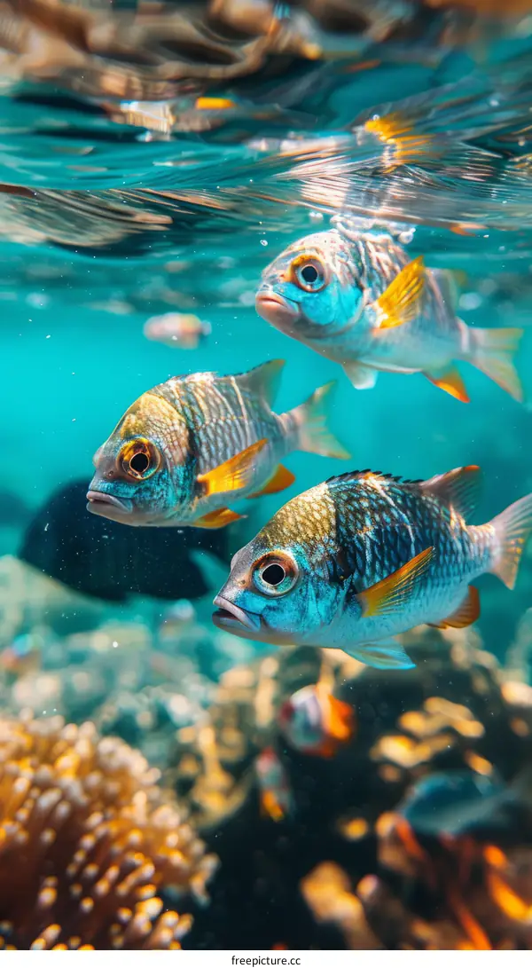 Yellowtail Damselfish Swim in Tropical Underwater Seascape