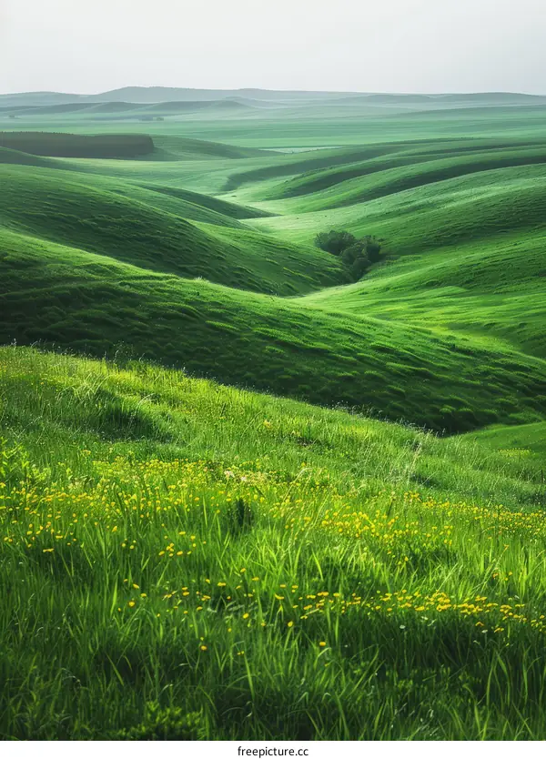 Green rolling hills with yellow flowers