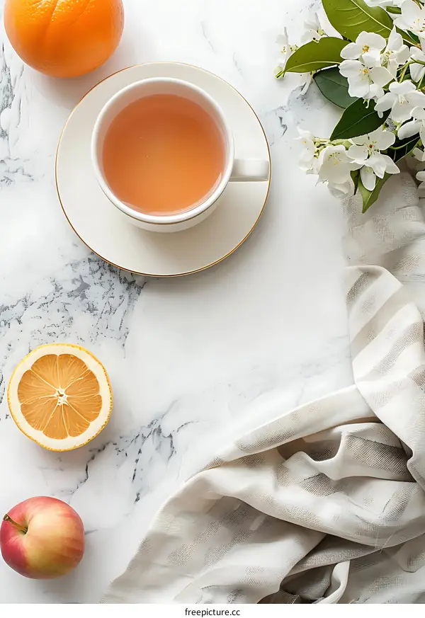 Top View of Teacup, Orange, Apple and Flowers on Marble Background