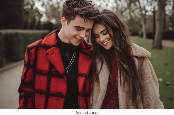 Couple In Love Walking Together In Winter