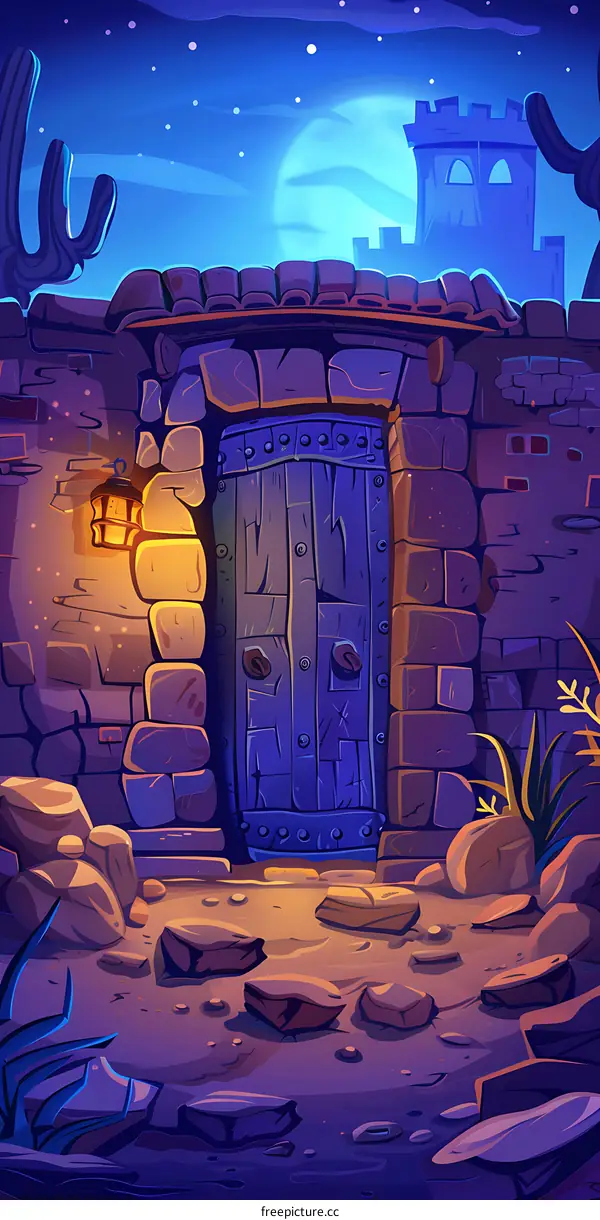 Nighttime Fantasy Landscape with Wooden Door and Stone Wall