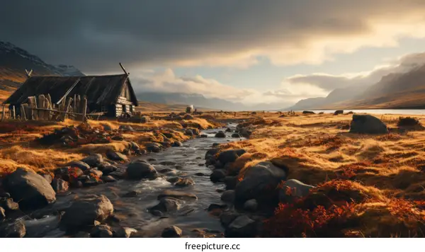 Thatched Roof House in a Valley with Mountains