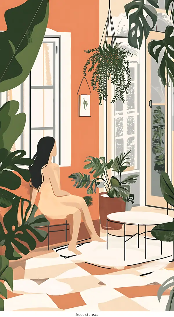 Woman Sitting in a Sunny Room with Plants