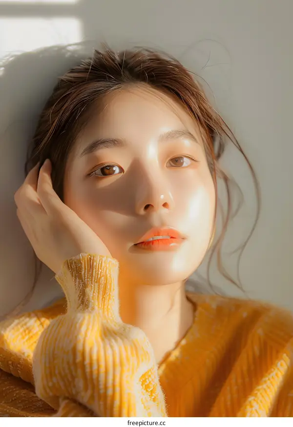Beautiful Asian Woman Wearing a Yellow Sweater