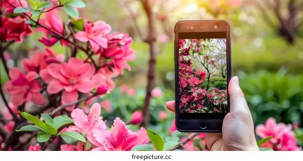 Hand Holding Smartphone Taking Photo of Pink Flowers