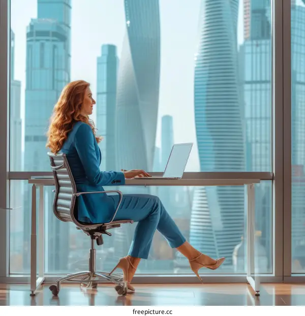Businesswoman in blue suit working on laptop in modern office with skyscrapers view