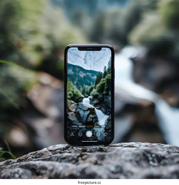Smartphone Capturing a Stunning Waterfall View in a Green Forest