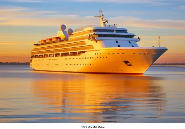 A large white cruise ship sails on a calm sea at sunset