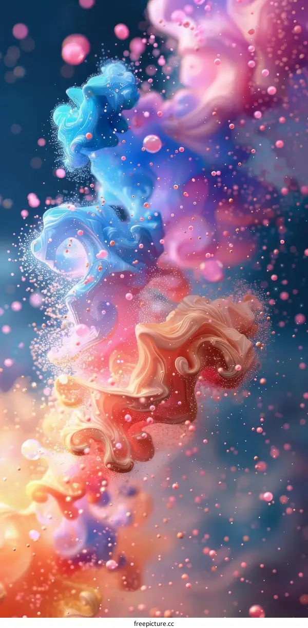 Abstract Fluid Painting with Blue, Pink, and Orange Hues