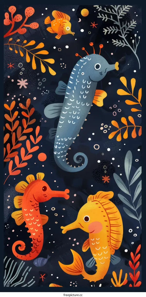Three happy seahorses in a colorful environment