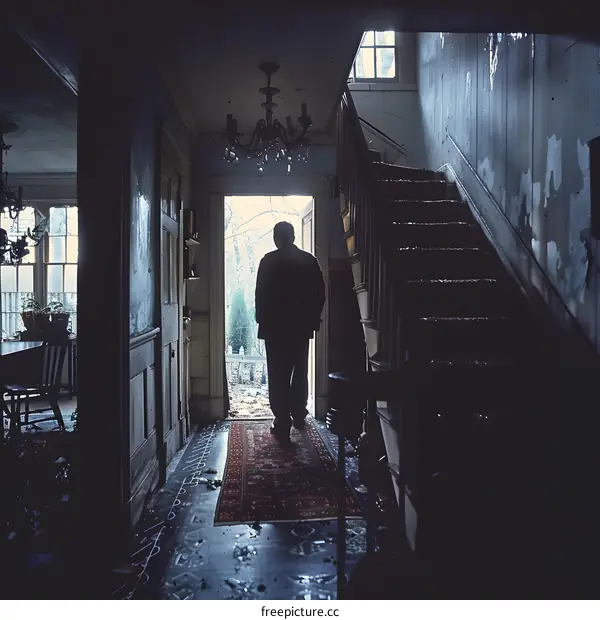 Silhouette of a Man Walking Through an Open Doorway in an Abandoned House