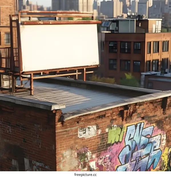 Blank Billboard On Rooftop With Graffiti Wall