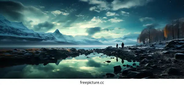 Two People Standing on Rocky Shore of Lake with Mountains in Background