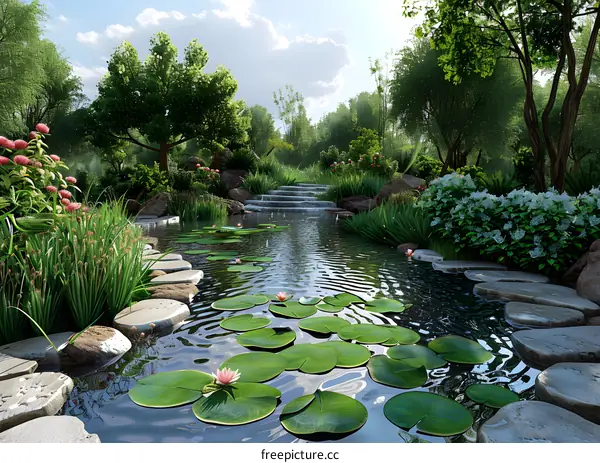 A beautiful pond in a lush garden with lily pads and stepping stones