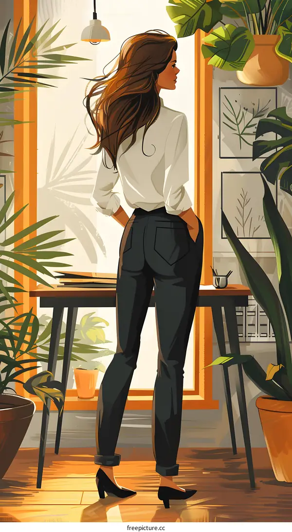 A woman standing in front of a window, looking at the plants outside the window