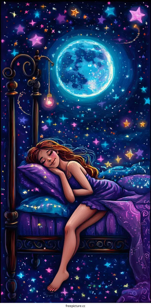 Sleeping Woman Under a Full Moon with Stars