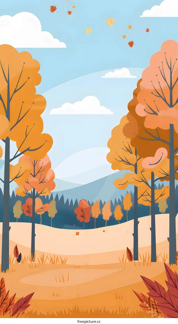 Autumn Landscape Illustration with Falling Leaves