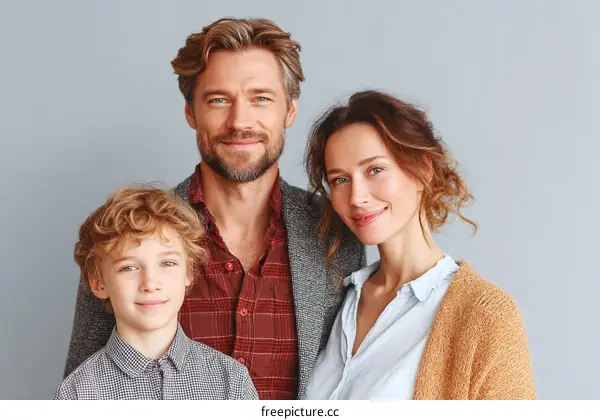 Happy Family Portrait Against Gray Background