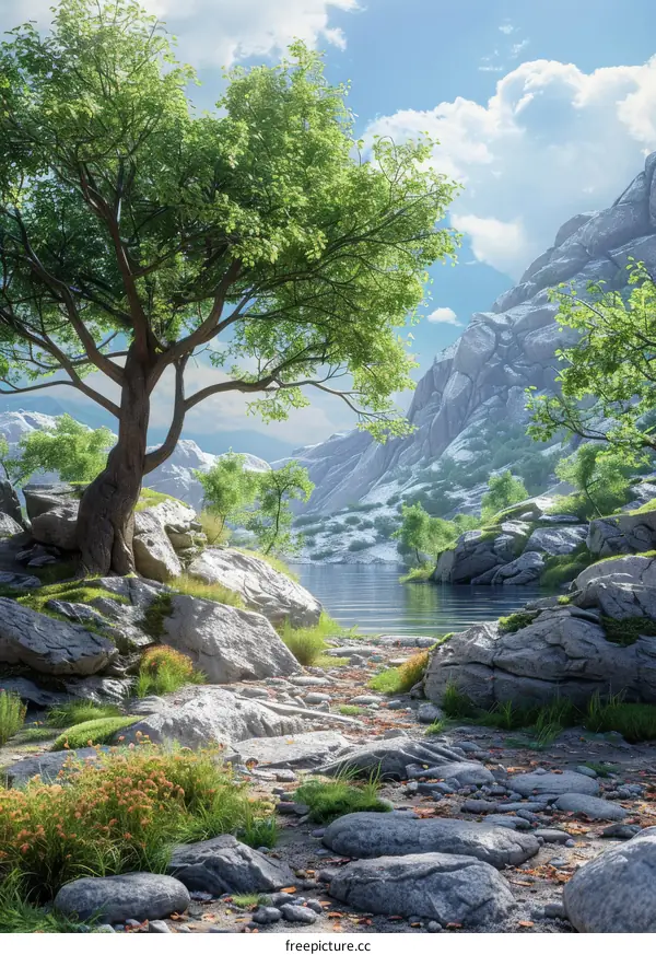 Fantasy Landscape with Giant Tree and Lake