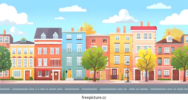 Colorful Townhouses With Trees In Front