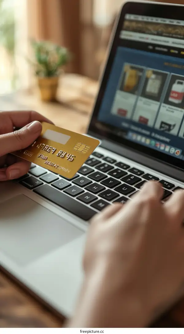 Person using laptop and credit card to make online purchase