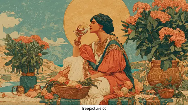Vintage Illustration of a Woman Enjoying a Drink by the Sea
