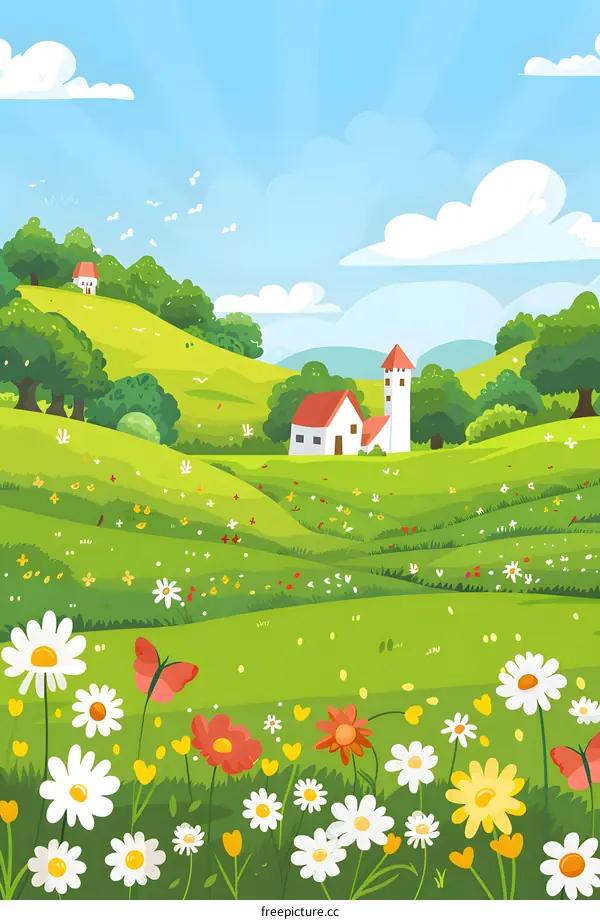 Beautiful Spring Landscape with Flowers and a Small House