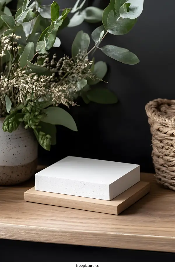 White Square Product Display on Wooden Shelf with Eucalyptus