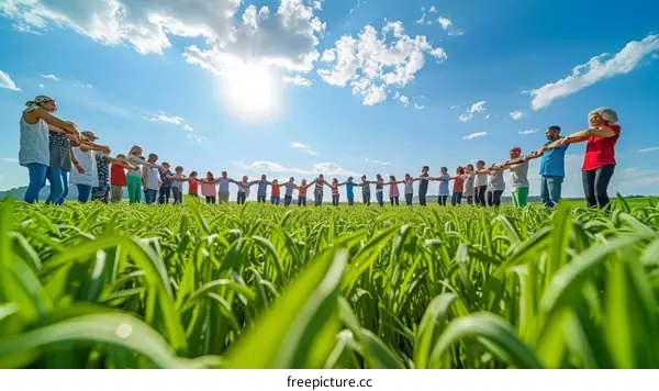 People holding hands in a circle in a field of wheat with the sun shining