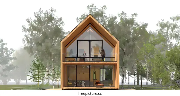 Modern Wooden House with Large Windows and a Balcony in the Forest