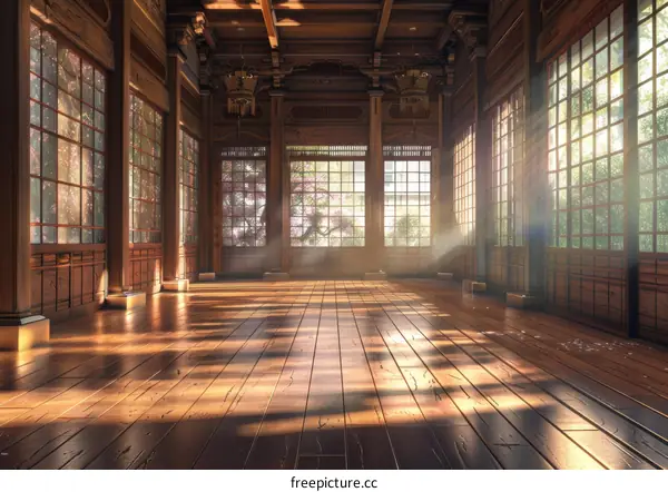 Japanese Dojo Interior with Cherry Blossoms in Spring