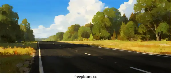 A peaceful asphalt road surrounded by lush green trees and clear blue sky