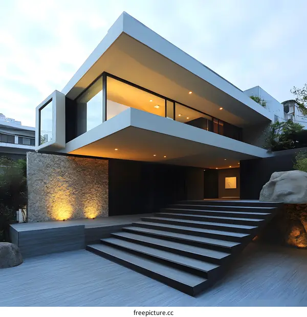 Modern Architecture House with Stone Wall and Stairway
