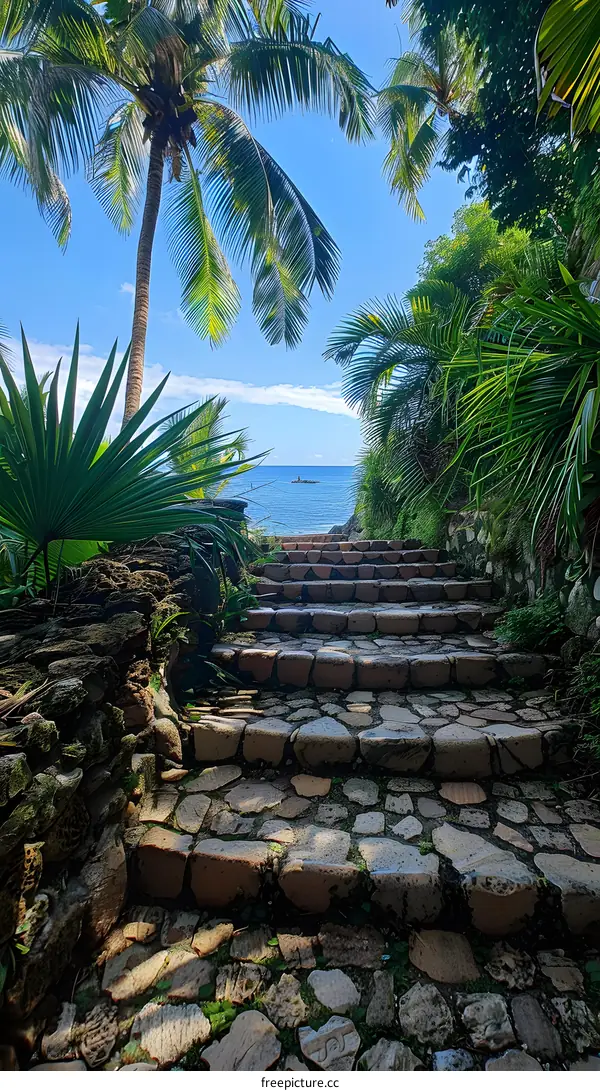 Stone steps lead down to a beautiful blue ocean