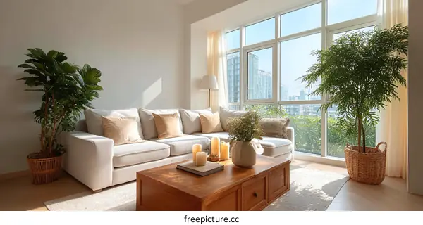 Modern Cozy Living Room with Large Windows